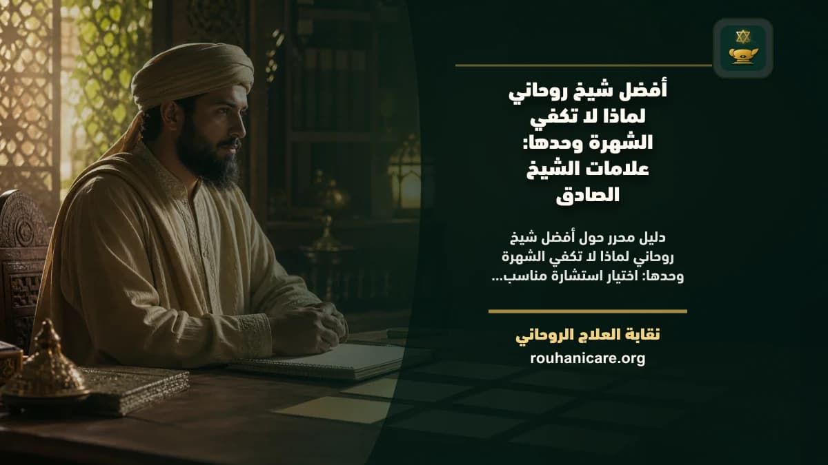 منصة مضاءة وبجوارها باب هادئ يرمزان إلى الفرق بين الشهرة وسلوك الشيخ الصادق في الاستشارة
