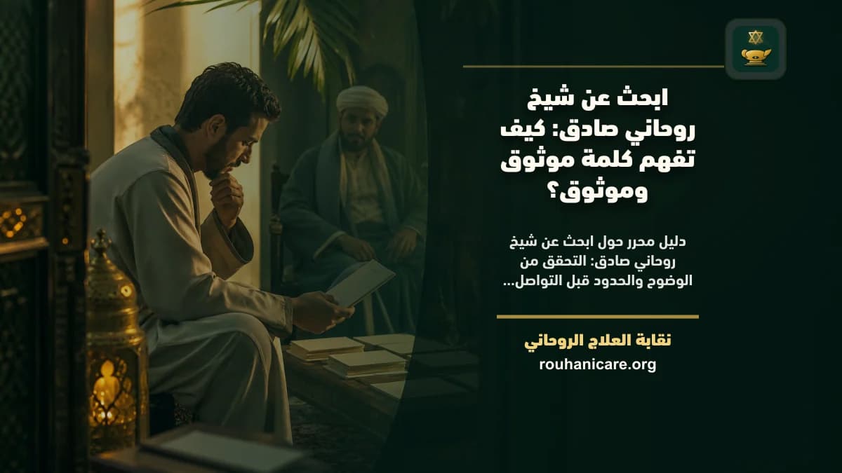 ميزان هادئ بجوار ورقة أسئلة ومصحف مغلق يرمز إلى فحص الثقة قبل الاستشارة الروحية