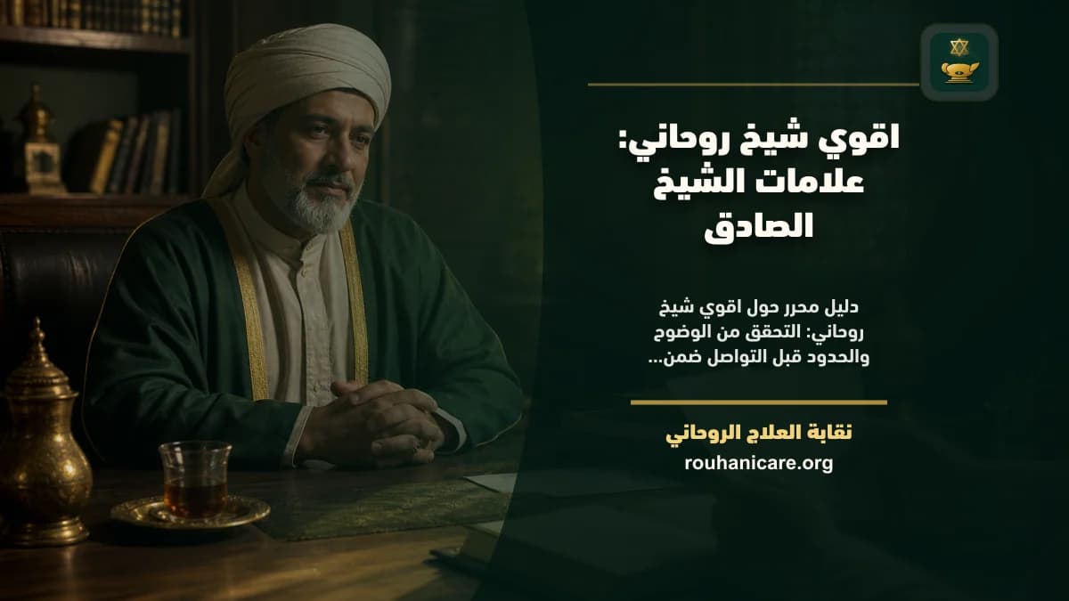 مصحف مغلق ومسبحة بجوار دفتر أسئلة في مجلس هادئ يرمز لاختيار الشيخ الروحاني الصادق